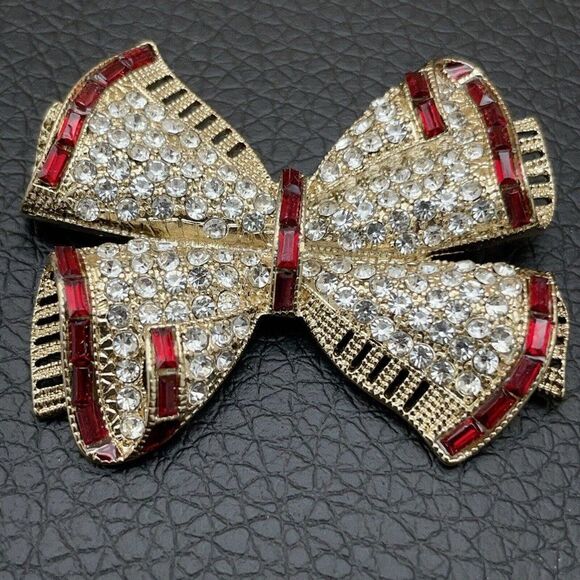 Napier Brooch Holiday Bow Gold Tone Clear Round Rhinestones Red Baguettes 3D - Picture 2 of 8